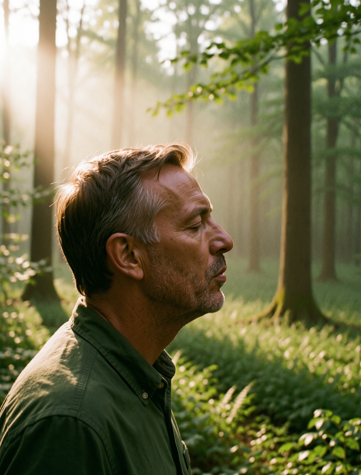 Person atmet tief in einem Wald ein